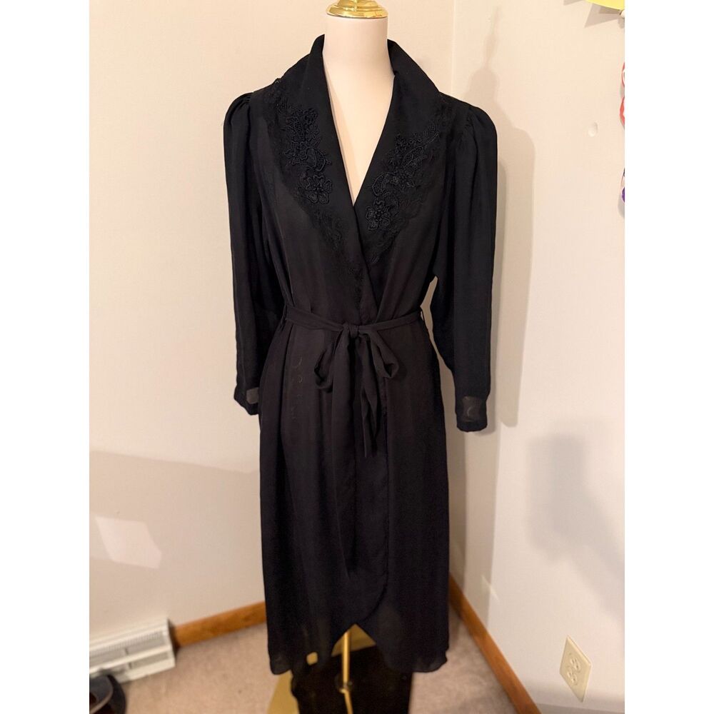 Vintage Victoria’s Secret Black Lace Jacquard Long Robe Belted Size S